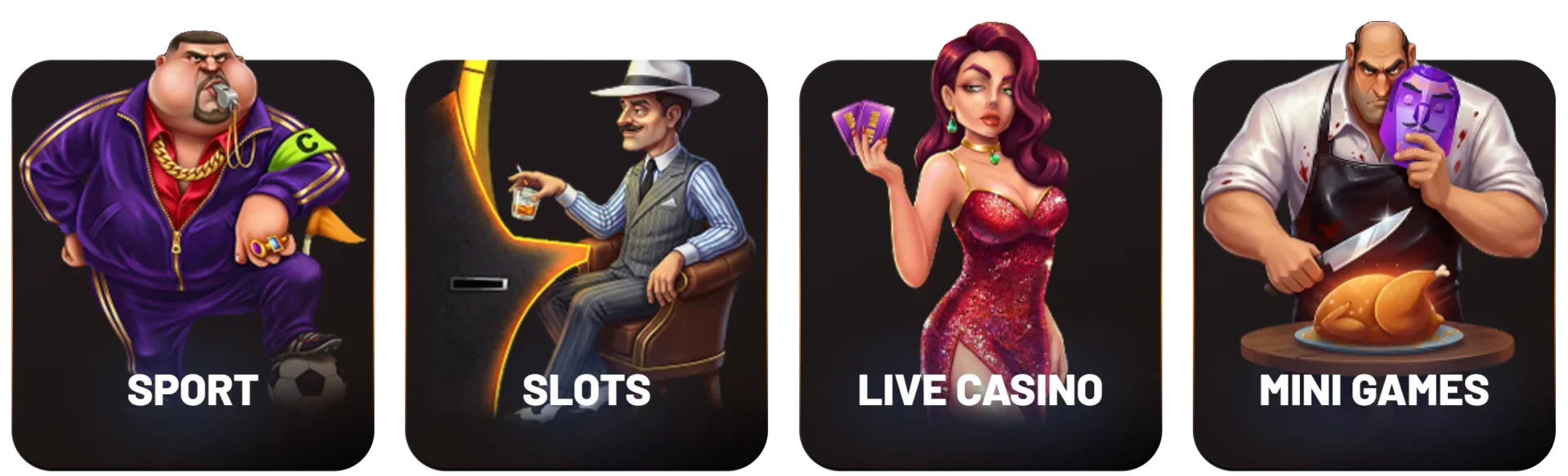 Sport, slots, live casino, mini games cards