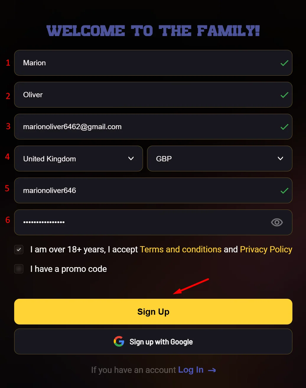 Donbet sign up form with numbered steps